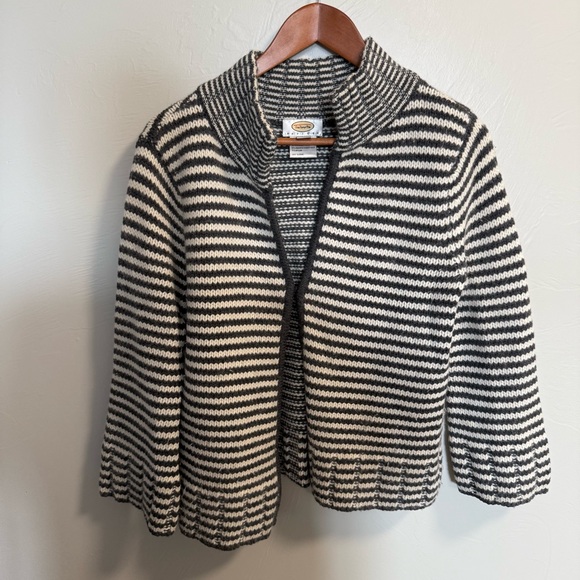 Talbots Cardigan Sweater Striped Angora‎ Wool Blend Bell Sleeve Knit Grey White - Picture 1 of 6